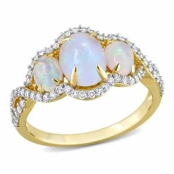 Coupon 👏 Mimi & Max 1 1/4 CT TGW Oval Cut Ethiopian Blue Opal and 1/3 CT TW Diamond Halo 3-Stone Ring in 10K Yellow Gold for 👩 women 🧨
