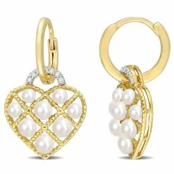 New 🥰 Mimi & Max 2.5-3 MM Cultured Freshwater Pearl and Diamond Accent Heart Hoop Earrings in Yellow Plated Sterling Silver for 👩 women 🎁
