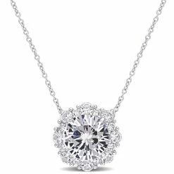 Hot Sale 🥰 Mimi & Max 4 3/8 CT TGW Created White Sapphire Halo Pendant with Chain in 10k White Gold for 👩 women ✨