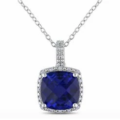 Buy 🌟 Mimi & Max 1/10 CT TW Diamond and 5 3/4 CT TGW Created Blue Sapphire Square Pendant With Chain in Sterling Silver for 👩 women 🛒