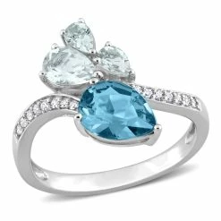 Outlet 🔥 Mimi & Max 1 7/8 CT TGW Pear-Shape London Blue Topaz and Aquamarine and 1/10 CT TW Diamond Toi et Moi Ring in 14K White Gold for 👩 women ✔️