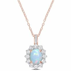 Best Sale 👍 Mimi & Max 2 1/6 CT TGW Oval Shape Blue Ethiopian Opal and White Topaz and Diamond Accent Halo Pendant with Chain in Rose Plated Sterling Silver for 👩 women 💯