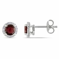 Best Sale 🎁 Mimi & Max Garnet and Diamond Halo Stud Earrings in Sterling Silver for 👩 women 🧨