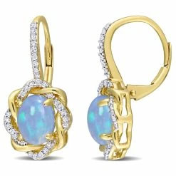 Deals 🎁 Mimi & Max 1 1/2 CT TGW Blue Ethiopian Opal and 1/4 CT TW Diamond Halo Leverback Earrings in 10K Yellow Gold for 👩 women 🧨