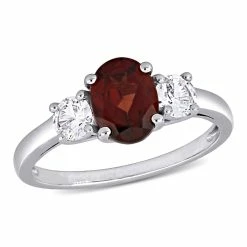 Best deal 🎉 Mimi & Max Oval Cut Garnet and Created White Sapphire 3-Stone Ring in Sterling Silver for 👩 women 🎉