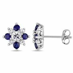 Flash Sale 🌟 Mimi & Max 1 3/5 C TGW Blue and White Sapphire Floral Stud Earrings in 14KWhite Gold for 👩 women 🎉