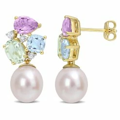Cheapest 😍 Mimi & Max 9-9.5 MM Freshwater Cultured Pearl and 4 3/4 CT TGW Multi-Color Gemstone Drop Earrings in Yellow Plated Sterling Silver for 👩 women 💯