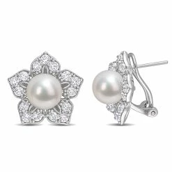 Best deal ⭐ Mimi & Max 8.5-9 MM Freshwater Cultured Pearl and 2 3/4 CT TGW Created White Sapphire Floral Earrings in Sterling Silver for 👩 women 😍