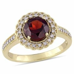 Promo ⭐ Mimi & Max 1/8 CT TW Diamond and Garnet Halo Ring in Yellow Plated Sterling Silver for 👩 women 🎉