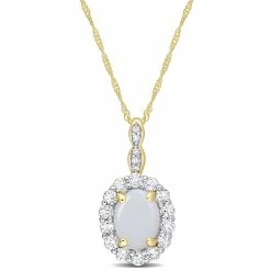Brand new ⭐ Mimi & Max 1 1/2 CT TGW Oval Shape Opal and White Topaz and Diamond Accent Halo Pendant with Chain in 14K Yellow Gold for 👩 women 🌟