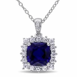 Coupon 🤩 Mimi & Max 3 3/5 CT TGW Created Blue and Created White Sapphire and Diamond Halo Pendant with Chain in Sterling Silver for 👩 women 👍
