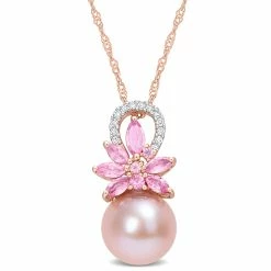 Buy 🎉 Mimi & Max 9.5-10 MM Cultured Freshwater Pearl and 1/2 CT TGW Pink Sapphire andnd Diamond Accent Flower Pendant with Chain in 14k Rose Gold for 👩 women ⌛