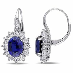 Buy โค๏ธ Mimi & Max 8.06 CT TGW Created Blue and White Sapphire and Halo Diamond Leverback Earrings in Sterling Silver for ๐ฉ women ๐ฏ
