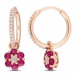 Best Pirce 👍 Mimi & Max 1 1/10 CT TGW White Sapphire Ruby and 1/8 CT TW Diamond Floral Hoop Earrings in 10k Rose Gold for 👩 women 🎁