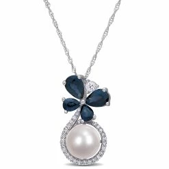 Outlet 🌟 Mimi & Max 7.5-8 MM Cultured Freshwater Pearl and Sapphire White Sapphire and 1/8 CT TW Diamond Butterfly Drop Necklace in 10k White Gold for 👩 women 🧨
