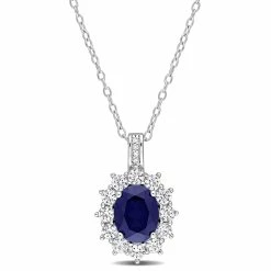 Brand new 🤩 Mimi & Max 4 CT TGW Created Blue and Created White Sapphire and 0.02 CT TW Diamond Oval Halo Pendant with Chain in Sterling Silver for 👩 women ✔️