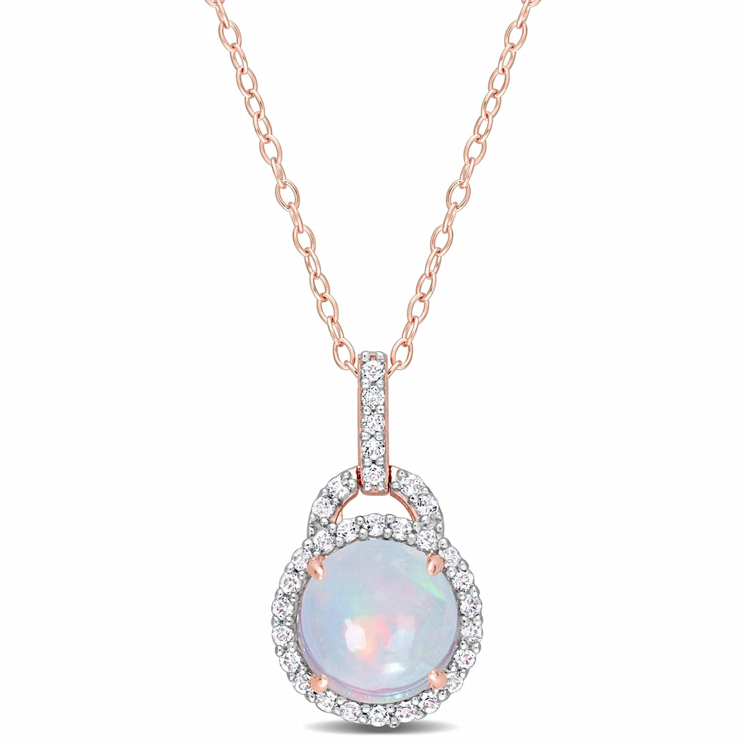 Promo 🤩 Mimi & Max 3 1/4 CT TGW Blue Ethiopian Opal and White Topaz Halo Pendant with Chain in Rose Plated Sterling Silver for 👩 women 👍 3 Promo 🤩 Mimi & Max 3 1/4 CT TGW Blue Ethiopian Opal and White Topaz Halo Pendant with Chain in Rose Plated Sterling Silver for 👩 women 👍