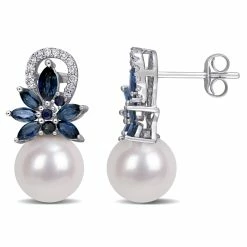 Best deal ✔️ Mimi & Max 9-9.5 MM Cultured Freshwater Pearl and Sapphire and 1/8 CT TW Diamond Flower Drop Earrings in 14k White Gold for 👩 women 🎉