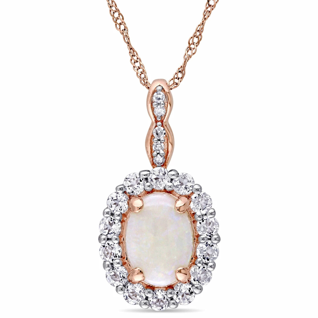 Hot Sale ✔️ Mimi & Max 1 1/2 CT TGW Oval Shape Opal, White Topaz and Diamond Accent Vintage Pendant With Chain in 14K Rose Gold for 👩 women 😉 3 Hot Sale ✔️ Mimi & Max 1 1/2 CT TGW Oval Shape Opal, White Topaz and Diamond Accent Vintage Pendant With Chain in 14K Rose Gold for 👩 women 😉