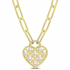Promo 🎉 Mimi & Max Freshwater Cultured Pearl & Diamond Accent Heart Paperclip Chain Link Necklace in Yellow Plated Sterling Silver for 👩 women 🌟