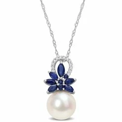 Flash Sale 👍 Mimi & Max 9.5-10 MM Cultured Freshwater Pearl and 3/8 CT TGW Sapphire and nd Diamond Accent Flower Pendant with Chain in 14k White Gold for 👩 women 😀