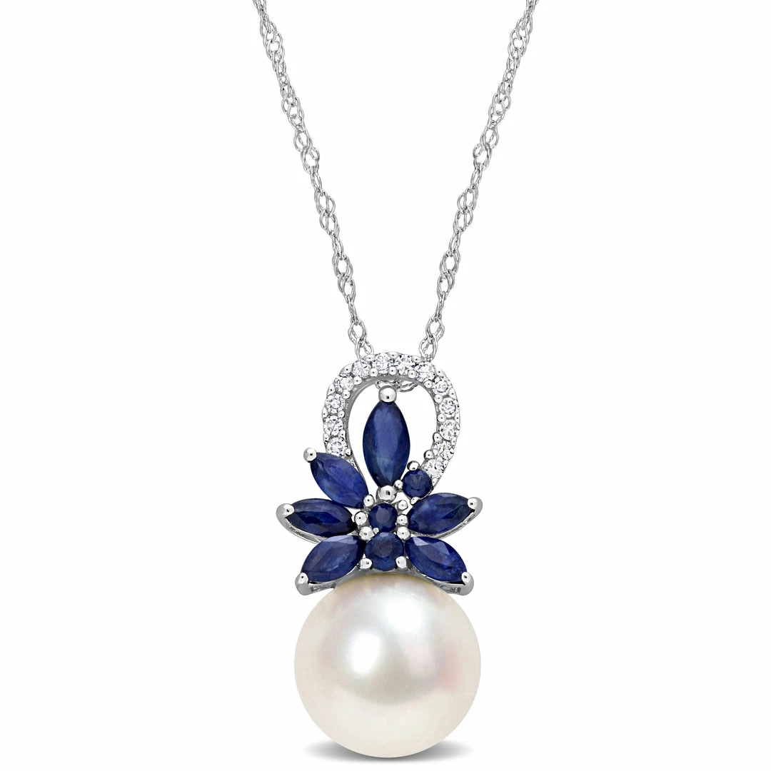 Flash Sale 👍 Mimi & Max 9.5-10 MM Cultured Freshwater Pearl and 3/8 CT TGW Sapphire and nd Diamond Accent Flower Pendant with Chain in 14k White Gold for 👩 women 😀 3 Flash Sale 👍 Mimi & Max 9.5-10 MM Cultured Freshwater Pearl and 3/8 CT TGW Sapphire and nd Diamond Accent Flower Pendant with Chain in 14k White Gold for 👩 women 😀