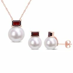 Cheapest 🛒 Mimi & Max 9-9.5 & 11-12 MM Freshwater Cultured Pearl and 1 1/2 CT TGW Garnet Stud Earrings and Pendant Set in 10k Rose Gold for 👩 women ✨