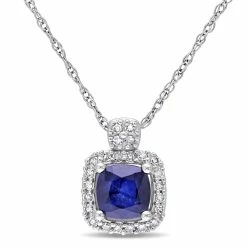 Best Pirce 🧨 Mimi & Max 1/10 CT TW Halo Diamond and Cushion Cut Diffused Sapphire Pendant with Chain in 10K White Gold for 👩 women 🌟
