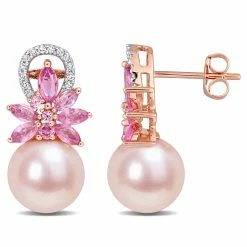 Promo 🥰 Mimi & Max 9-9.5 MM Pink Cultured Freshwater Pearl and Pink Sapphire and 1/8 CT TW Diamond Flower Drop Earrings in 14k Rose Gold for 👩 women 🛒