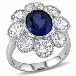 Deals ⭐ Mimi & Max 8 3/5 CT TGW Created Blue and Created White Sapphire Floral Ring in 10K White Gold for 👩 women 🎉