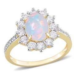 Discount ✨ Mimi & Max 2 1/6 CT TGW Oval Shape Blue Ethiopian Opal and White Topaz and 1/10 CT TW Diamond Halo Ring in Yellow Plated Sterling Silver for 👩 women 🧨