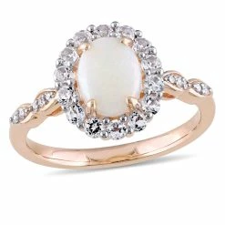 Best Sale 😍 Mimi & Max 1 1/2 CT TGW Oval Shape Opal, White Topaz and Diamond Accent Vintage Ring in 14K Rose Gold for 👩 women ❤️