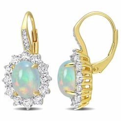 Best Sale 🔔 Mimi & Max 1 3/4 CT TGW Oval Shape Blue Ethiopian Opal and White Topaz and Diamond Accent Halo Leverback Earrings in Yellow Plated Sterling Silver for 👩 women ⌛