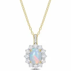 Outlet 🧨 Mimi & Max 2 1/6 CT TGW Oval Shape Blue Ethiopian Opal and White Topaz and Diamond Accent Halo Pendant with Chain in Yellow Plated Sterling Silver for 👩 women 😍