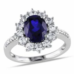 Brand new 👏 Mimi & Max 4 CT TGW Created Blue and White Sapphire and 0.05 CT TW Diamond Halo Ring in Sterling Silver for 👩 women 🤩