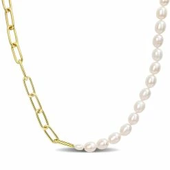 Best Pirce 👍 Mimi & Max 7-7.5 MM Cultured Freshwater Rice Pearl and 6 MM Oval Link Chain Necklace in 18k Gold Plated Sterling Silver for 👩 women ⭐