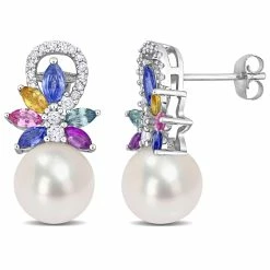 Wholesale 🤩 Mimi & Max 9-9.5 MM Cultured Freshwater Pearl and Multi Sapphire (Light Blue, White, Yellow, Pink, Purple & Green) and 1/8 CT TW Diamond Flower Drop Earrings in 14k White Gold for 👩 women 😀