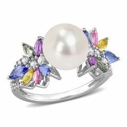 Brand new 🎉 Mimi & Max 9-9.5 MM Cultured Freshwater Pearl and 1 3/4 CT TGW Multi Sapphire (Light Blue, White, Yellow, Pink, Purple & Green) and 1/8 CT TW Diamond Flower Ring in 14k White Gold for 👩 women 🥰