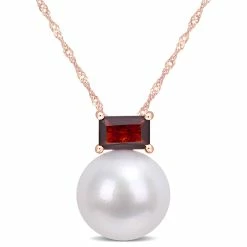 Outlet 👍 Mimi & Max 11-12mm Cultured Freshwater Pearl and 3/4 CT TGW Baguette Garnet Stud Pendant with Chain in 10k Rose Gold for 👩 women 🧨