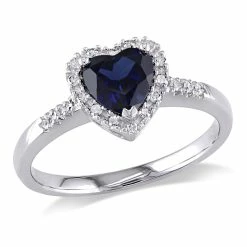 Outlet ⌛ Mimi & Max 1/10 CT TW Halo Diamond and 7/8 CT TGW Heart Shaped Created Blue Sapphire Ring in 10K White Gold for 👩 women 🤩