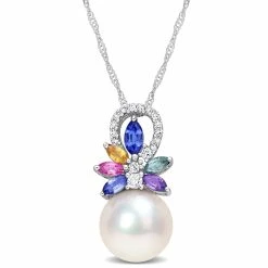 Deals ✔️ Mimi & Max 9.5-10 MM Cultured Freshwater Pearl and 4/5 CT TGW Multi Sapphire (Light Blue, White, Yellow, Pink, Purple & Green) and Diamond Accent Flower Pendant with Chain in 14k White Gold for 👩 women 🔔