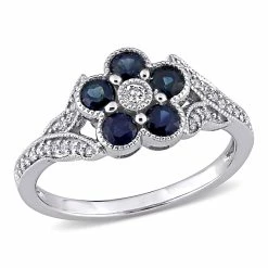 Budget ✔️ Mimi & Max 3/4 CT TGW Blue Sapphire and 1/6 CT TW Diamond Floral Engagement Ring in 10K White Gold for 👩 women 🛒