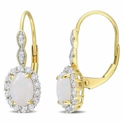 Best Pirce 🔥 Mimi & Max 1 3/4 CT TGW Oval Shape Opal and White Topaz and Diamond Accent Halo Leverback Earrings in 14K Yellow Gold for 👩 women 🧨