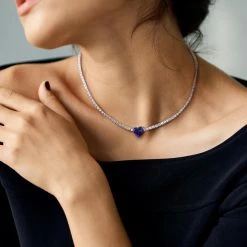 Promo ⭐ Mimi & Max 18 CT TGW Heart Shaped Created Blue Sapphire and Created White Sapphire Tennis Necklace in Sterling Silver for 👩 women ✔️ -Mimi & Max Shop e73de26daa574742bff168a59adda442 1080x