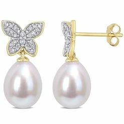 Outlet 🥰 Mimi & Max 8.5-9 MM Freshwater Cultured Pearl and 1/8 CT TDW Diamond Butterfly Drop Earrings in 10k Yellow Gold for 👩 women ✔️