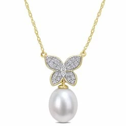 Discount ✨ Mimi & Max 9-10 MM Freshwater Cultured Pearl and 1/8 CT TDW Diamond Butterfly Drop Pendant with Chain in 10k Yellow Gold for 👩 women 🎁