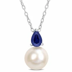 Cheap 👍 Mimi & Max 8.5-9 MM White Freshwater Cultured Pearl and 5/8 CT TGW Created Blue Sapphire Solitaire Pendant with Chain in Sterling Silver for 👩 women ⭐