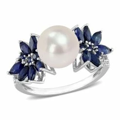 Best Pirce ❤️ Mimi & Max 9-9.5 MM Cultured Freshwater Pearl and 3/8 CT TGW Sapphire and 1/8 CT TW Diamond Flower Ring in 14k White Gold for 👩 women 🔥