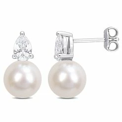 Best Pirce 😍 Mimi & Max 8.5-9 MM White Freshwater Cultured Pearl and 1 1/3 CT TGW Created White Sapphire Stud Earrings in Sterling Silver for 👩 women 😉