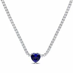 Promo ⭐ Mimi & Max 18 CT TGW Heart Shaped Created Blue Sapphire and Created White Sapphire Tennis Necklace in Sterling Silver for 👩 women ✔️